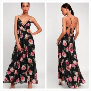 Lulu's Part of Me Rose Print Black Maxi Dress